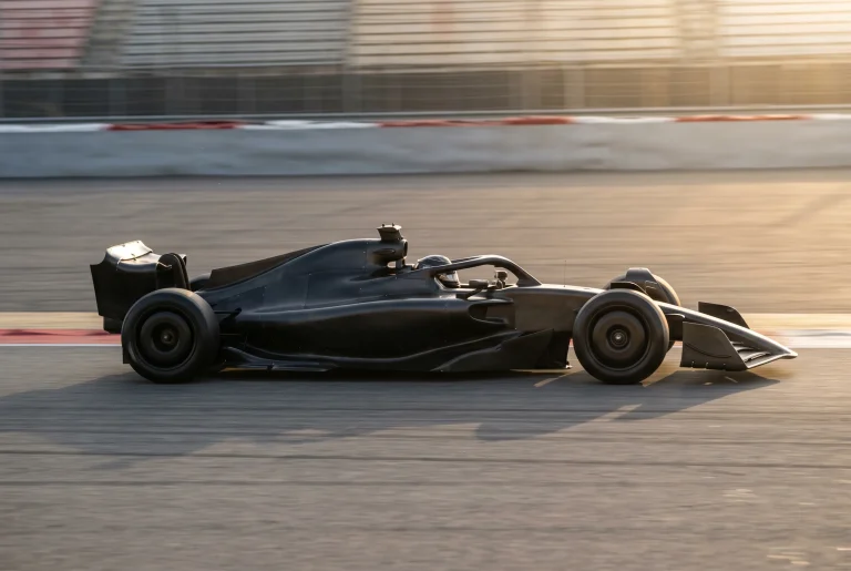 F1 race car of next-generation design featuring active aerodynamics and updated power unit on a circuit straight
