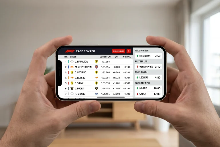 Hands holding a smartphone displaying live F1 race timing and betting markets on a mobile sports betting app