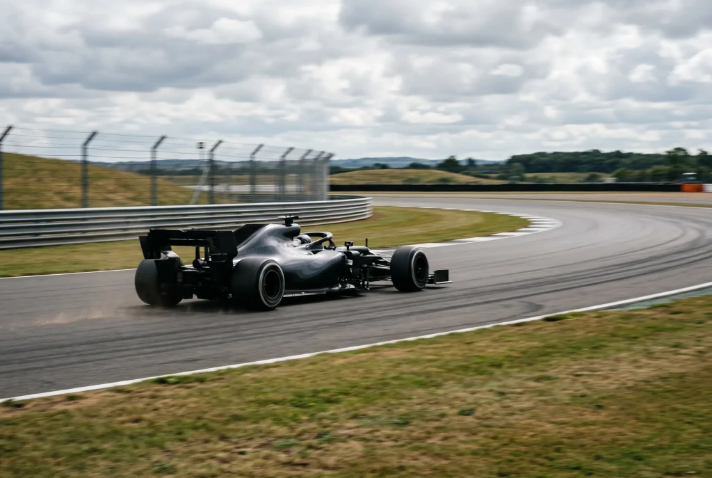 F1 race car cornering at speed through a high-speed sweeping corner at the Silverstone circuit