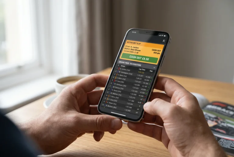 F1 betting app on a smartphone showing an open in-play bet slip with a highlighted cash-out option mid-race