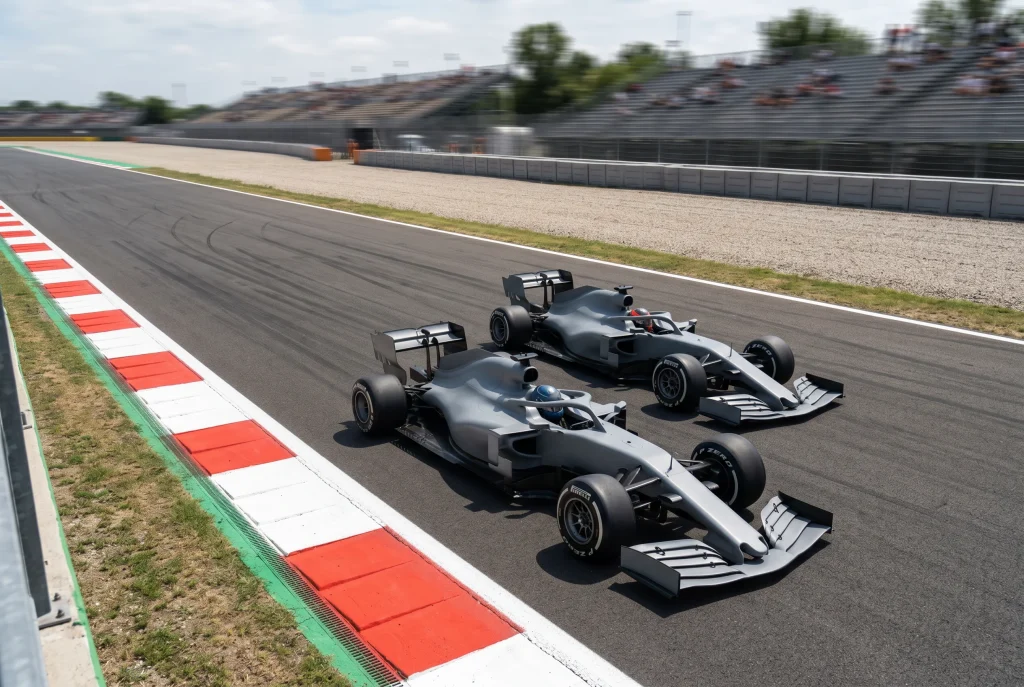 Two F1 race cars from the same team running in formation on a race track during a Grand Prix