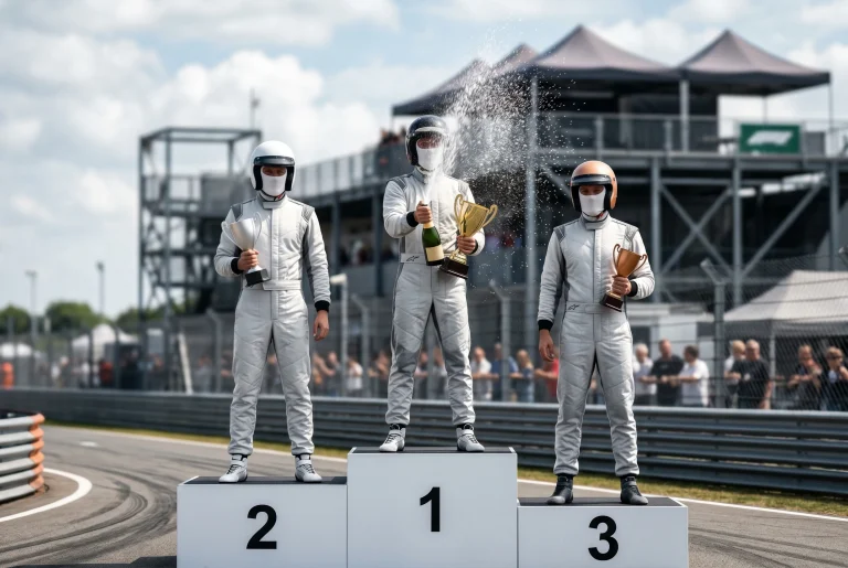 F1 podium ceremony with three drivers on the podium steps holding trophies after a Grand Prix