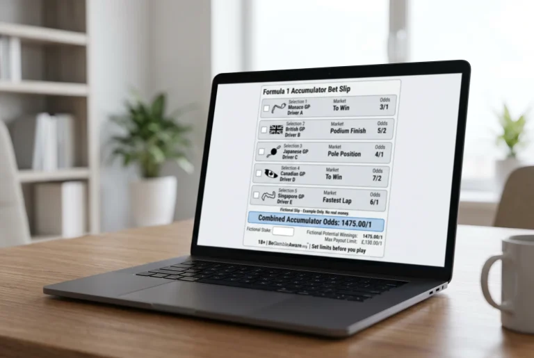Laptop screen showing a multi-leg F1 accumulator bet slip with several selected race markets and a combined price