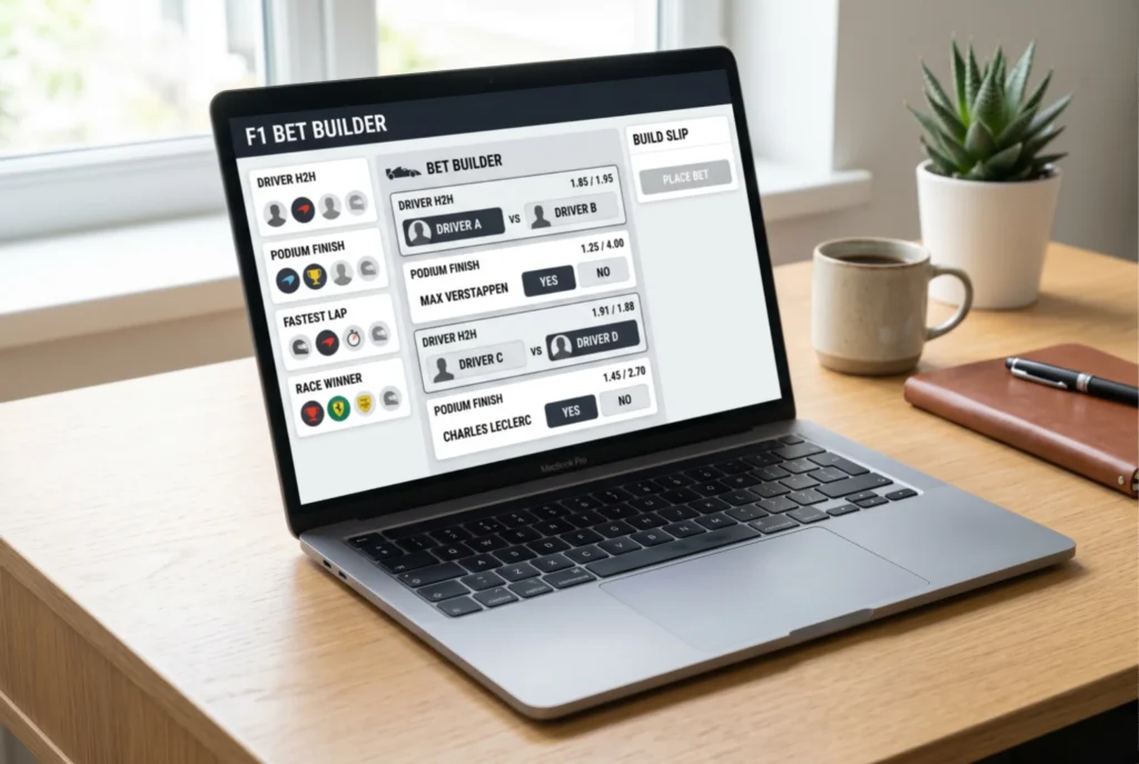 Laptop screen showing an F1 bet builder interface with multiple selected race markets stacked into a single combined wager