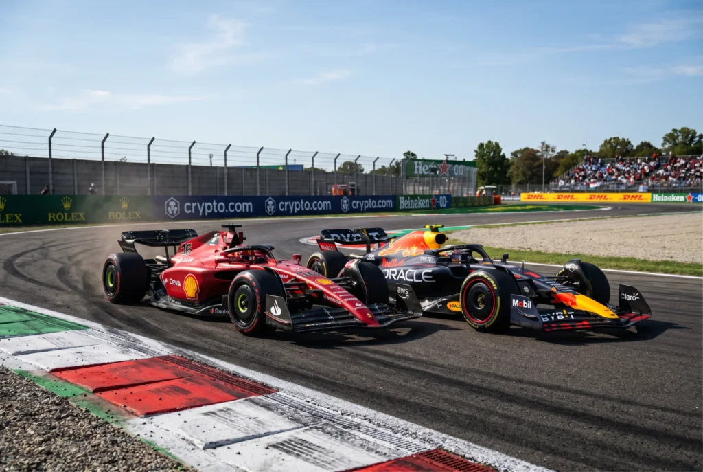 Formula 1 cars in close formation on a Grand Prix circuit during a Sunday race start