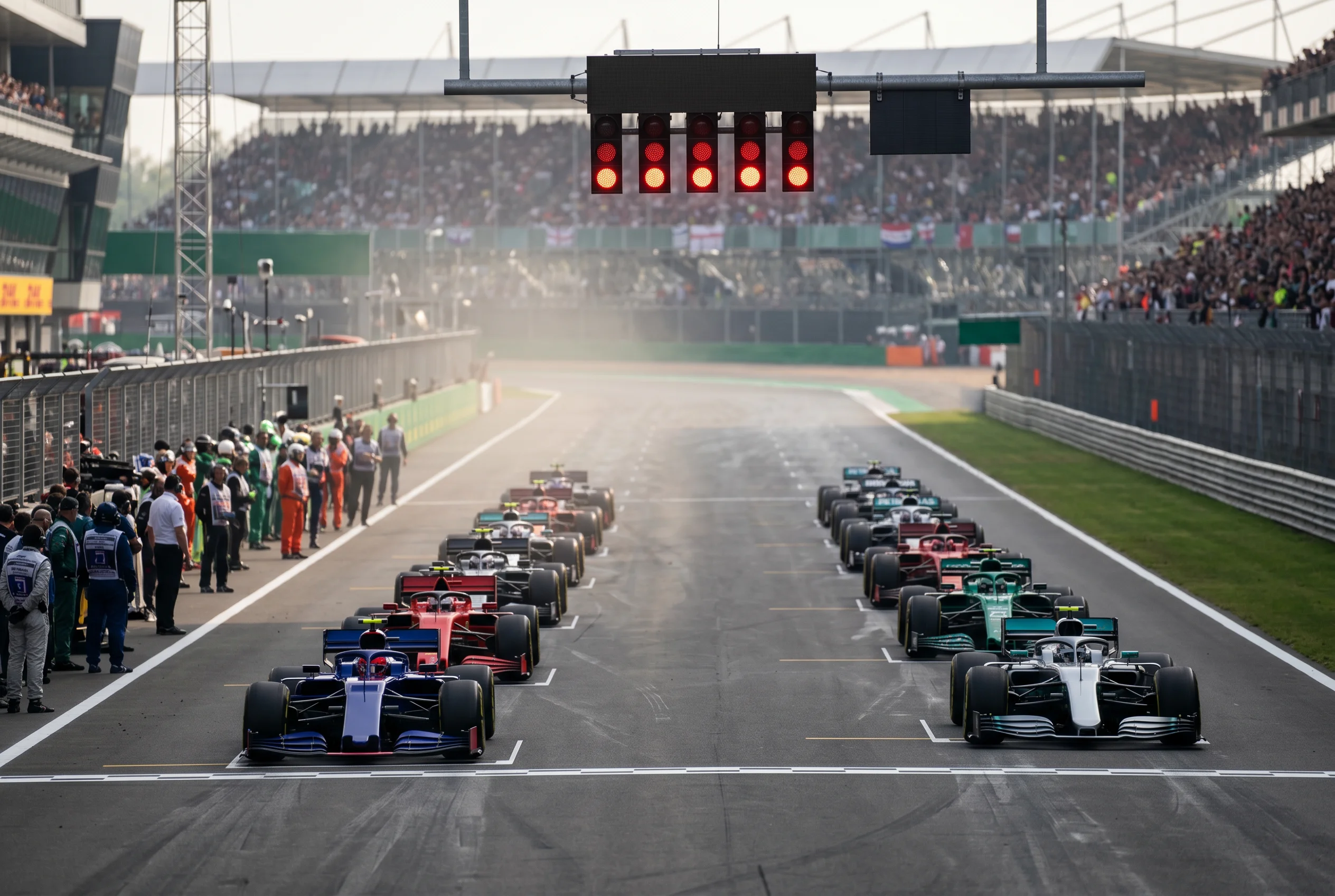 Formula 1 grid lined up under starting lights at a Grand Prix, viewed from the pit straight