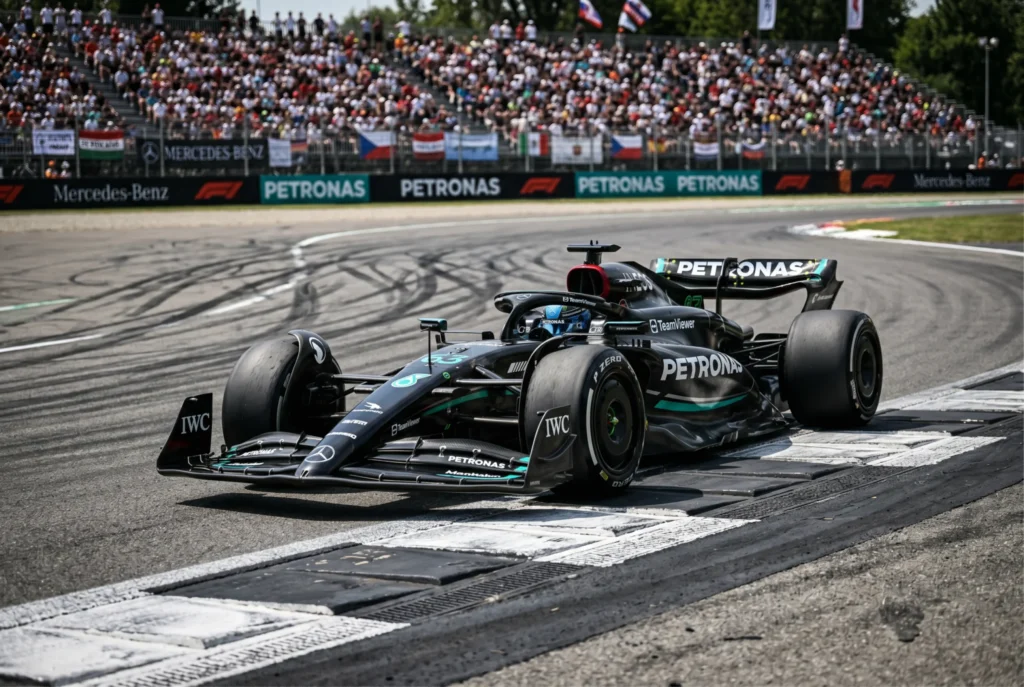 Formula 1 car cornering at speed on a sunlit Grand Prix circuit with tyre marks on tarmac