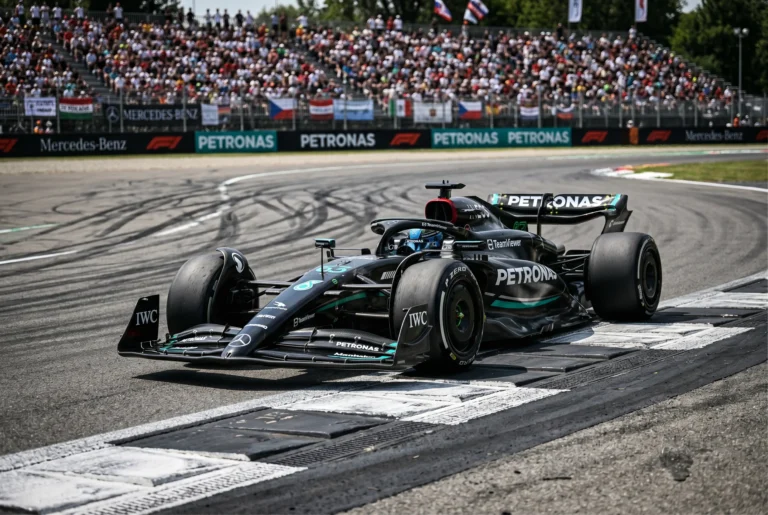 Formula 1 car cornering at speed on a sunlit Grand Prix circuit with tyre marks on tarmac
