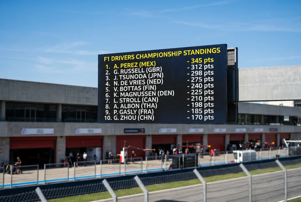 F1 driver standings leaderboard displayed on a large screen during a Grand Prix race weekend