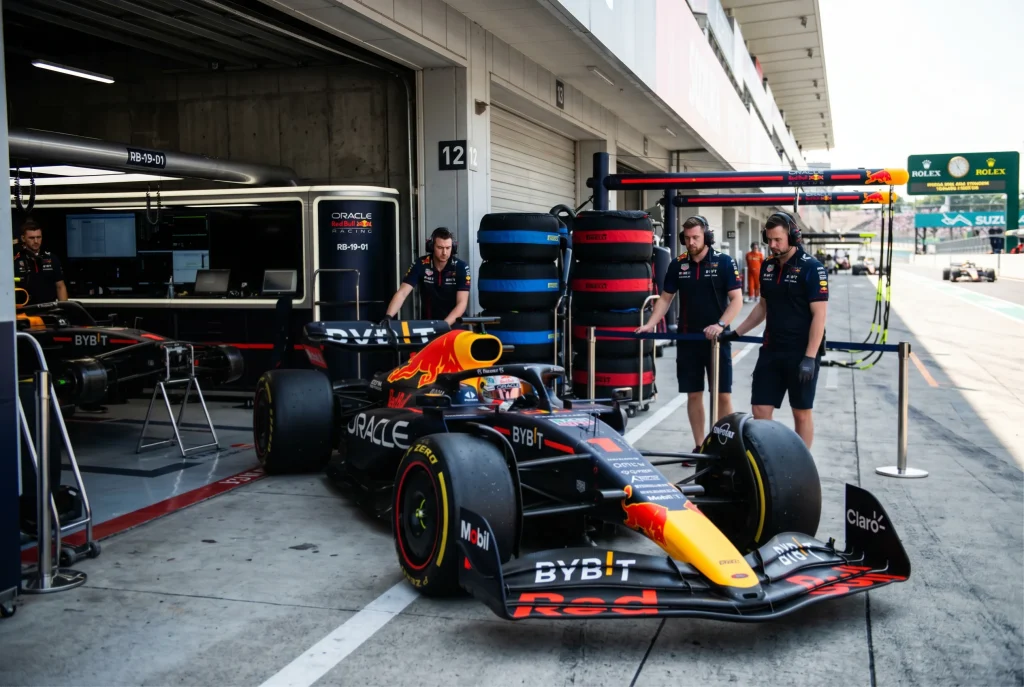 Formula 1 car exiting a garage onto the pit lane during a Grand Prix practice session