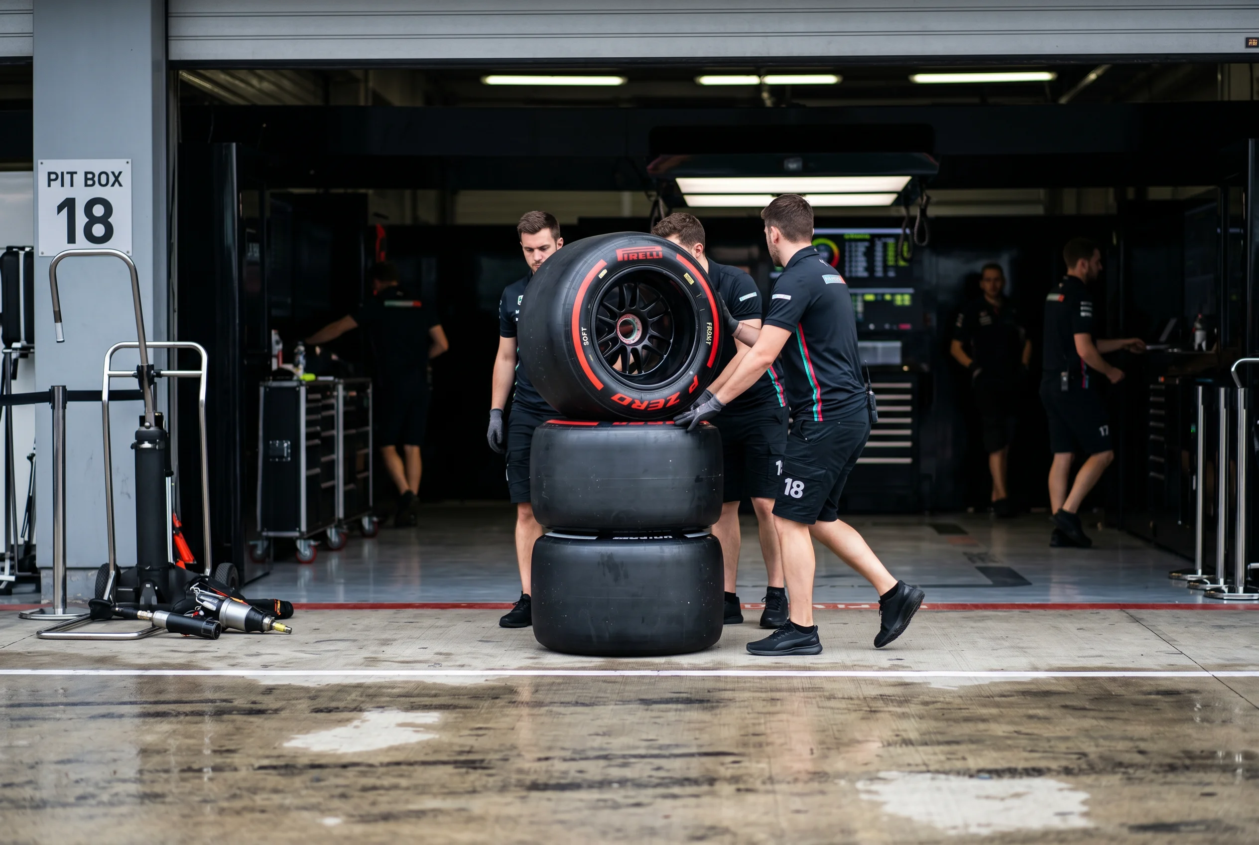 Formula 1 pit crew preparing a fresh set of soft compound slick tyres against a garage backdrop on race day