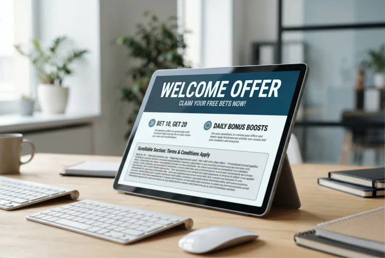 Tablet displaying a free-bet welcome offer on an F1 sports betting page with terms and conditions visible alongside