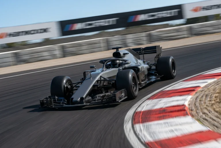 F1 race car on track with a stopwatch icon overlay representing fastest-lap timing during a Grand Prix
