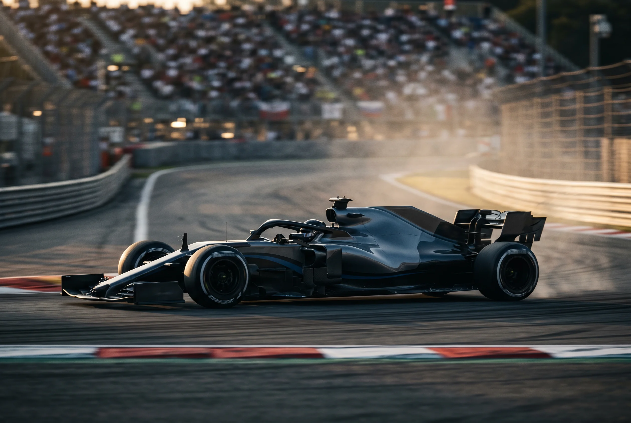 Formula 1 race car at high speed during a Grand Prix weekend
