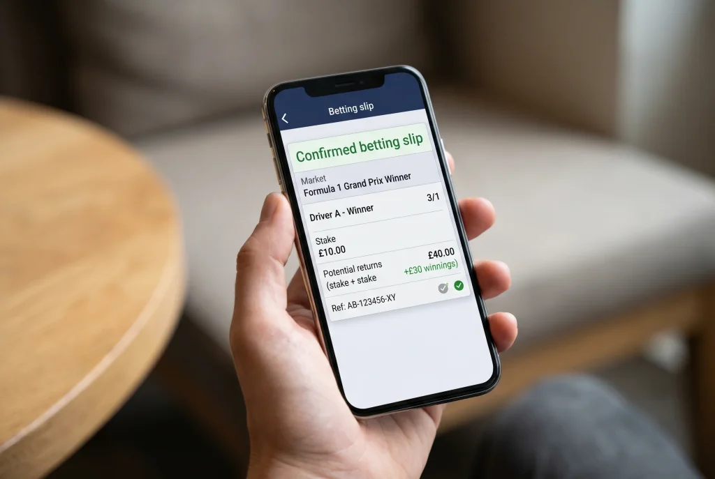 Smartphone displaying a confirmed F1 betting slip showing stake, odds, potential returns and bet reference number