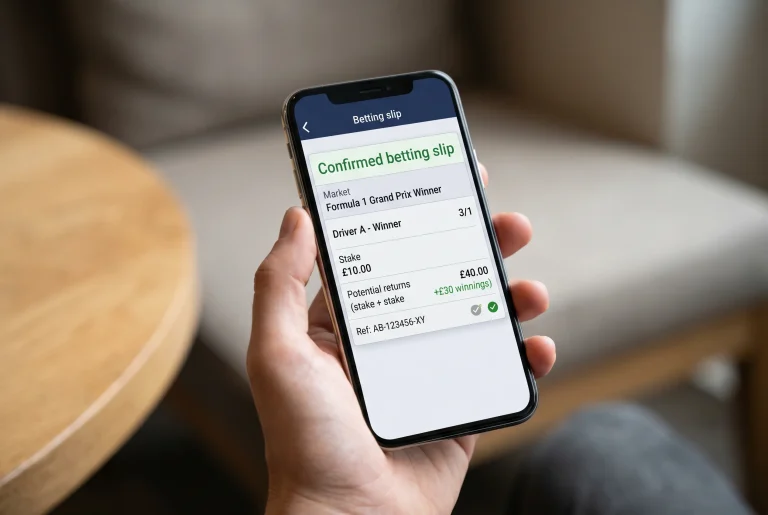 Smartphone displaying a confirmed F1 betting slip showing stake, odds, potential returns and bet reference number