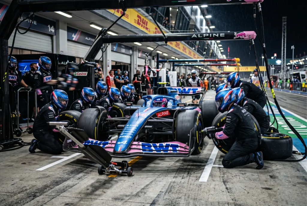Formula 1 pit stop with mechanics changing all four tyres on a race car during a Grand Prix