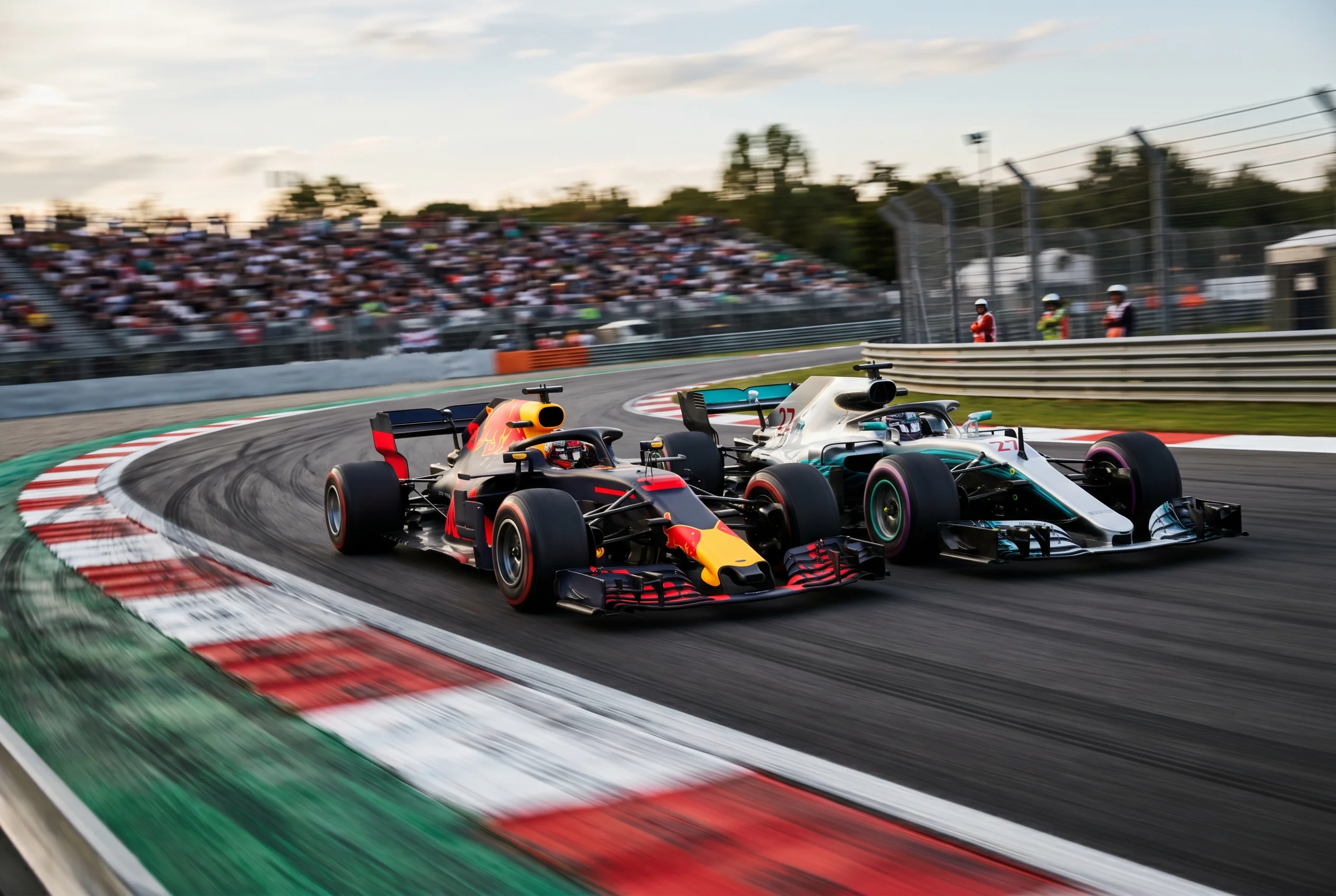 Two Formula 1 cars battling closely through a high-speed corner with grandstands behind during a live Grand Prix