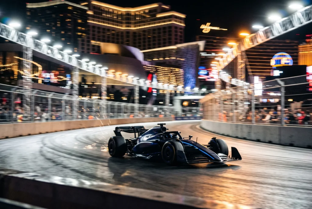 F1 race car driving past illuminated city skyscrapers at night during a street-circuit Grand Prix race
