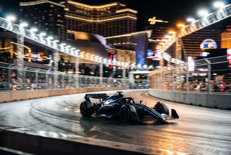 F1 race car driving past illuminated city skyscrapers at night during a street-circuit Grand Prix race
