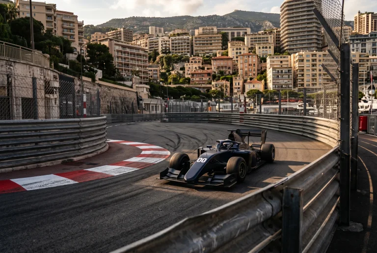 F1 race car navigating the narrow streets of the Monaco circuit between Armco barriers during a Grand Prix
