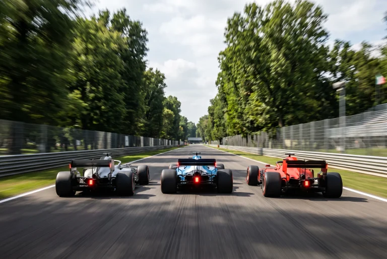 F1 race cars in tight slipstream formation along a long straight at the Italian Grand Prix circuit at Monza