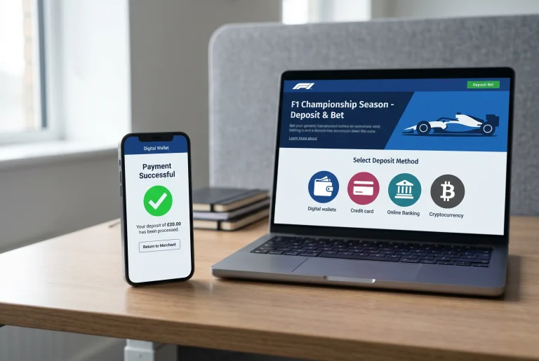 Smartphone showing a digital wallet payment screen alongside an F1 betting site deposit selection on a desk