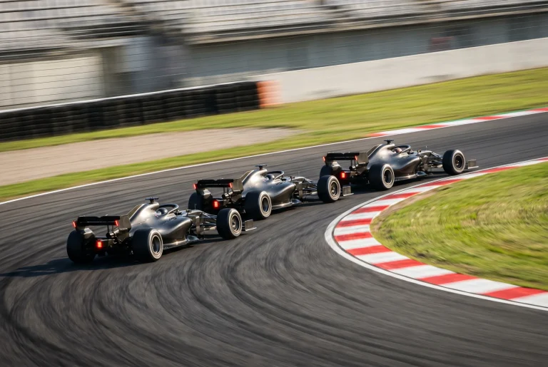 Three F1 race cars closely battling for the lead on a race track during the final laps of a Grand Prix