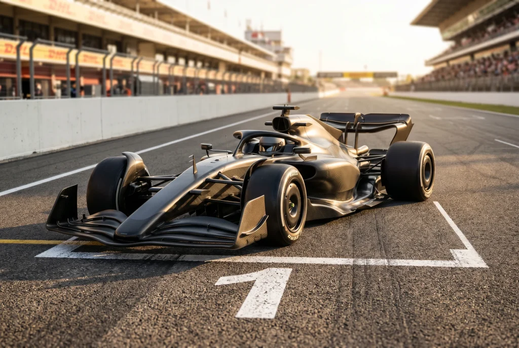 F1 car parked in the pole position grid slot on a race-track starting grid with grid numbers painted on the tarmac