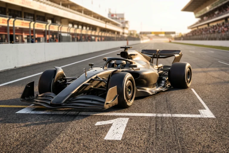 F1 car parked in the pole position grid slot on a race-track starting grid with grid numbers painted on the tarmac