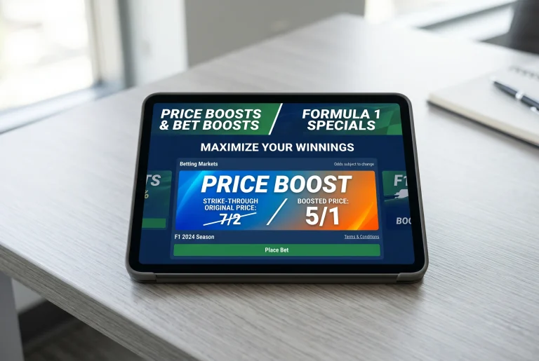 Sports betting promotional banner on a tablet screen showing an enhanced F1 race-winner price boost offer