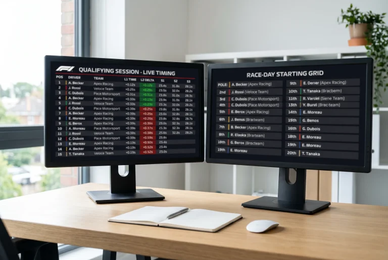 Side-by-side F1 timing screens showing qualifying session times and a race-day starting grid for betting analysis