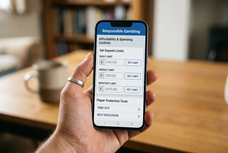 Smartphone showing a responsible-gambling deposit-limit settings screen with options to set daily and monthly caps