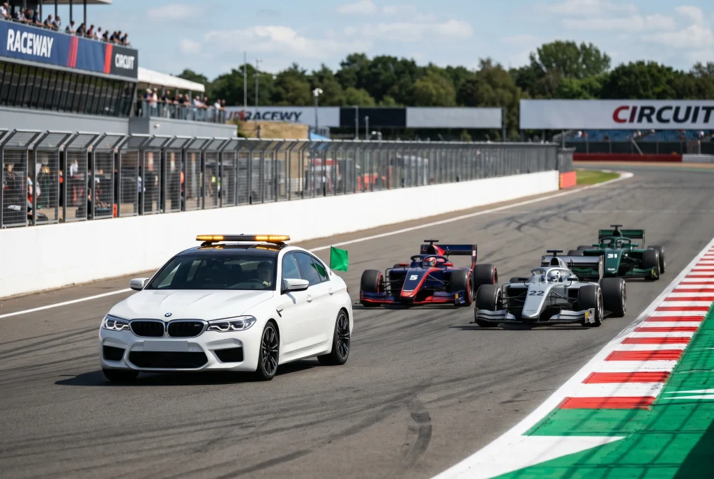 Safety car leading a queue of F1 race cars around a track during a neutralised race period