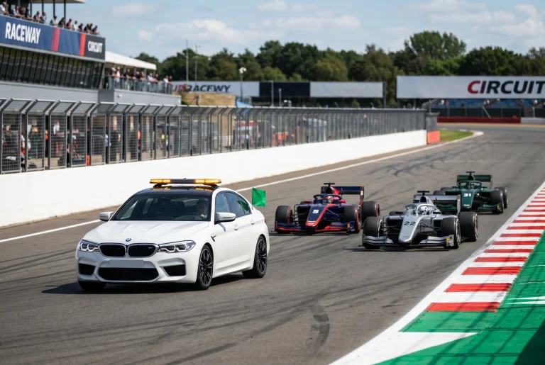 Safety car leading a queue of F1 race cars around a track during a neutralised race period