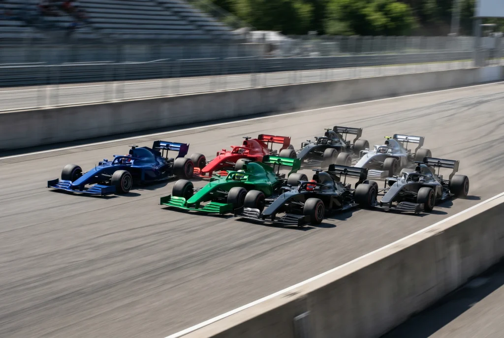 Midfield pack of F1 race cars in a tight group competing for points-paying positions during a Grand Prix