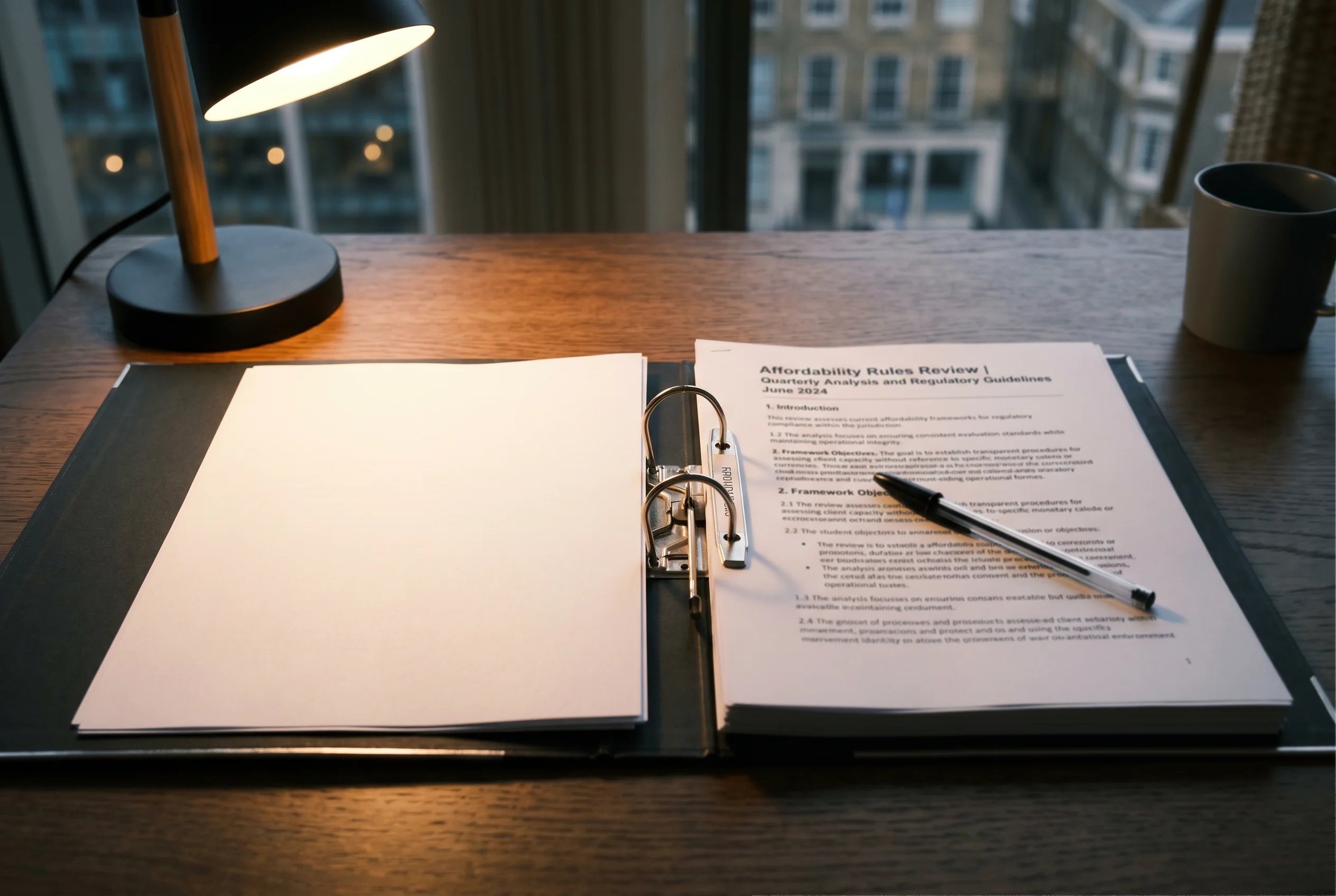 Open binder of UK gambling regulation documents with a ballpoint pen, on a tidy desk in a London office