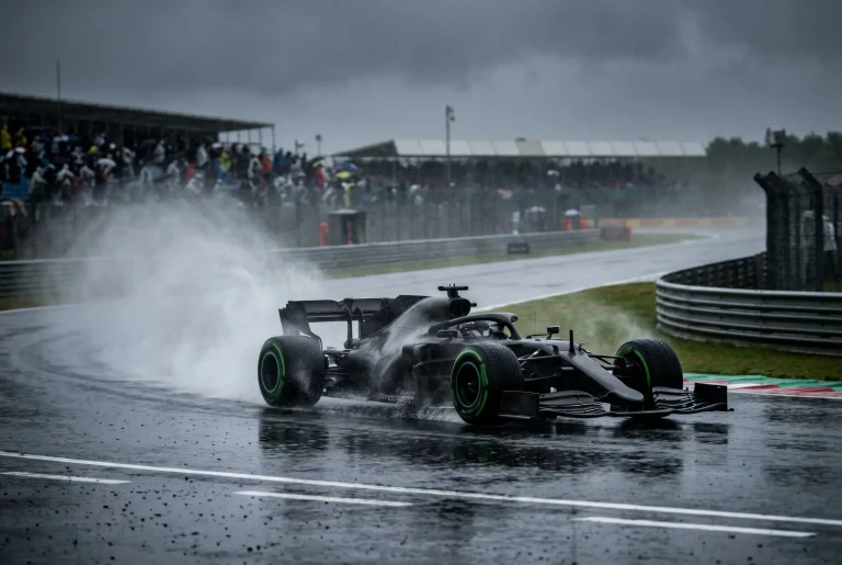 F1 race car running on intermediate tyres in heavy rain with spray rising from the wet track surface